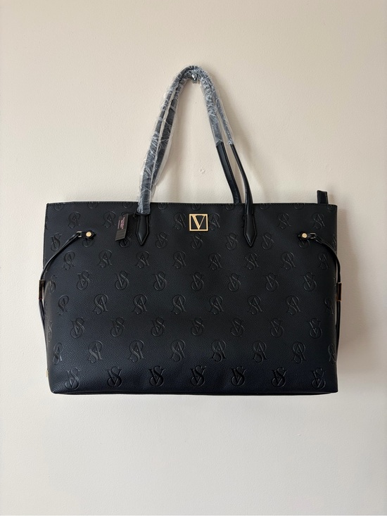 Handbags - Black Embossed Tote Bag with Gold Accent- Victoria Secret